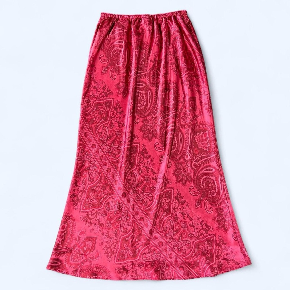 Y2K Satin Elegant Pink Paisley Maxi Skirt Large Fairy Statement Boho 2000s